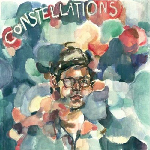 "Watercolor painting of a man with glasses and the word 'Constellations' above him."