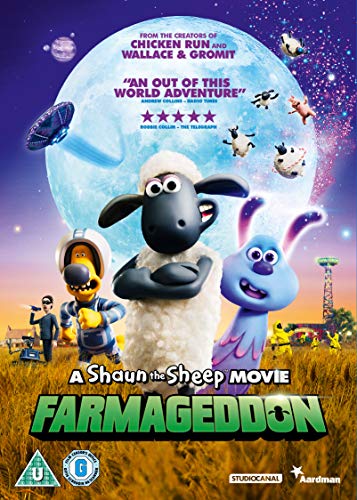Shaun the Sheep, a blue alien, and a dog stand in a field.