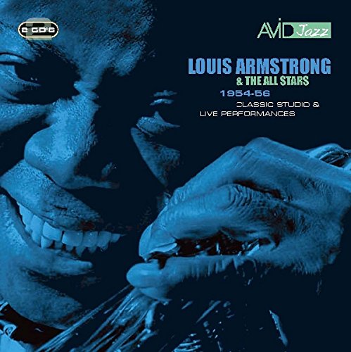 Louis Armstrong's face and trumpet-playing hand on a blue-toned album cover.