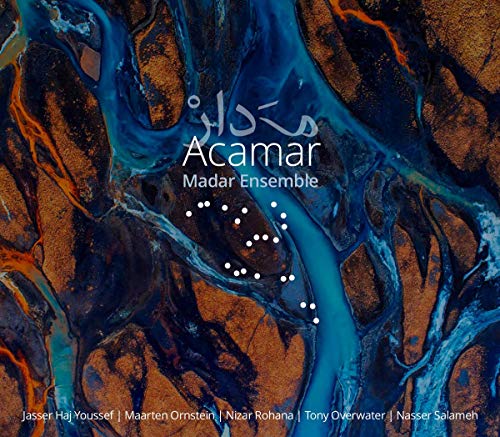 "Album cover with abstract blue and brown design, white text, and dots pattern."