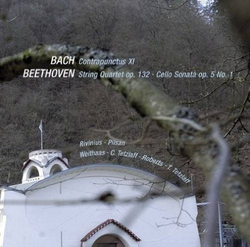"CD cover with white church and tree branches, featuring Bach and Beethoven's musical compositions."