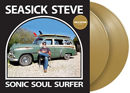 Seasick Steve album cover featuring a man with a vintage car and gold vinyl records.