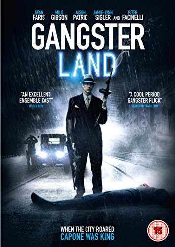 "DVD cover for 'Gangster Land' featuring a man in a suit holding guns."