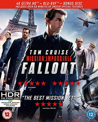 Blu-ray cover for "Mission: Impossible - Fallout" featuring Tom Cruise and cast.