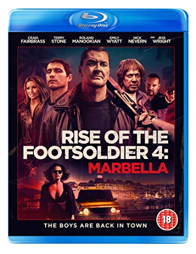 Blu-ray cover for "Rise Of The Footsoldier 4: Marbella" featuring cast portraits.