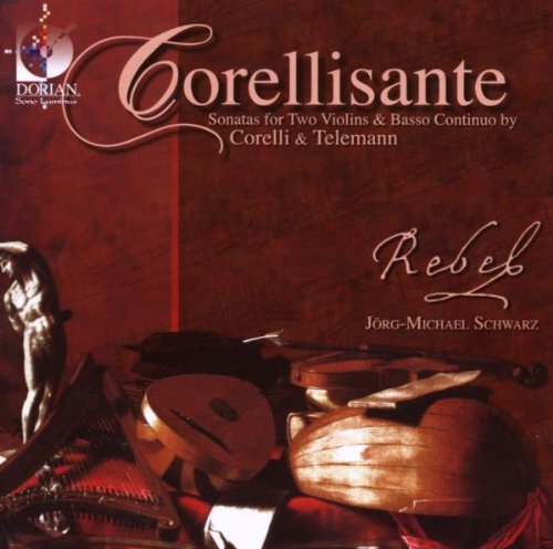 "CD cover with musical instruments, statue, and text 'Corellisante' on brown background."