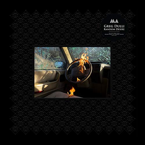 The image depicts a car interior with flames on the dashboard and floor.