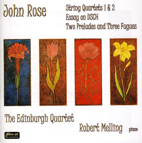 CD cover featuring four floral paintings and text for John Rose’s string quartets.