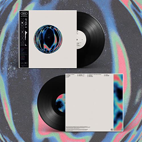 Two black vinyl records with colorful, abstract album artwork.