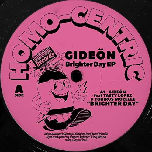 Black vinyl record label with pink text, cartoon character, and central hole.