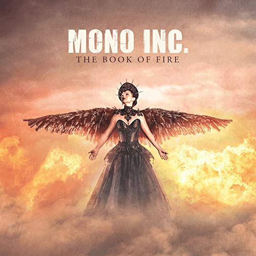 Woman with large wings stands amidst smoke and flames, album cover.