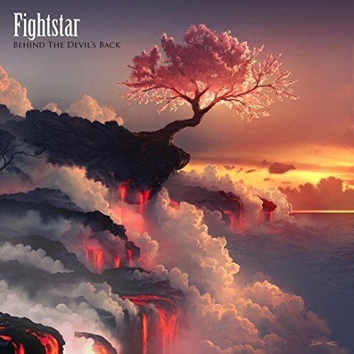 "Album cover art: surreal landscape with red-lit cliffs, tree, and cloudy sky."