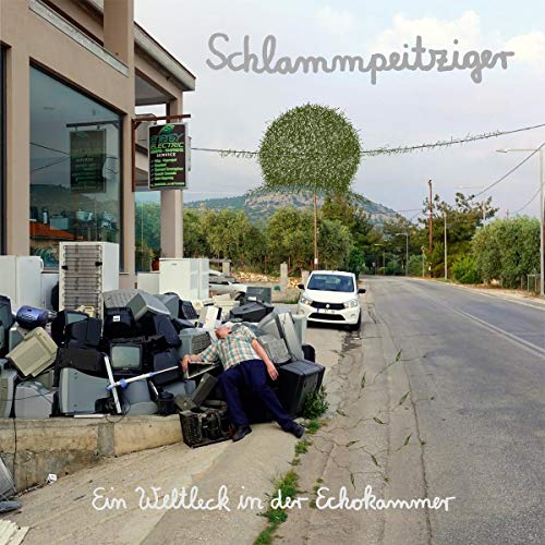 "Album cover showing a man rummaging through trash on a sidewalk."