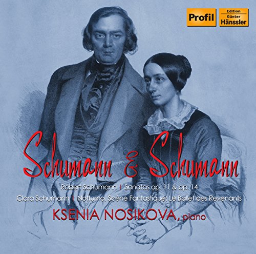 CD cover featuring portraits of Robert and Clara Schumann, with red text.