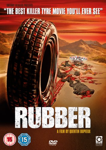 DVD cover for the film "Rubber" featuring a large tire and violent imagery.