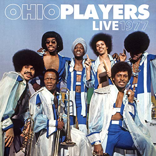 Ohio Players band portrait from 1977 album cover, blue and white.