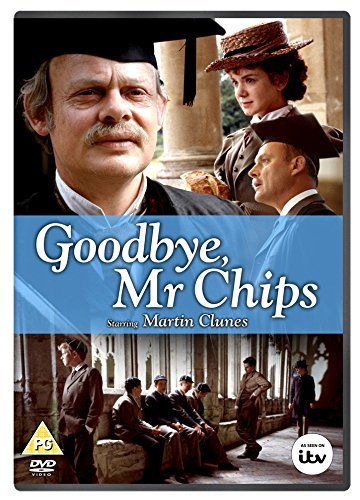 "DVD cover for 'Goodbye Mr Chips' featuring a man in academic robes and students."
