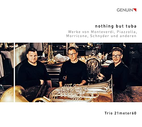 CD cover featuring three musicians with tubas in a dimly lit room.