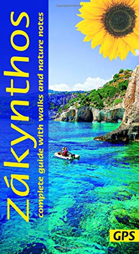 "Travel guide book cover featuring a blue sea, rocky cliffs, and a yellow sunflower."