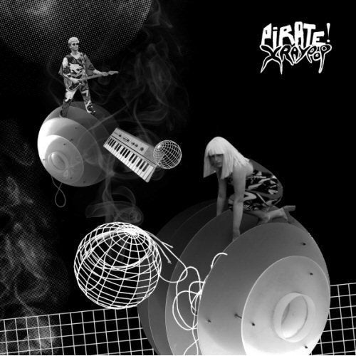 Black and white album cover with figures and electronic equipment.