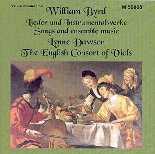 "CD cover with green background and Renaissance-style painting of people playing viols."