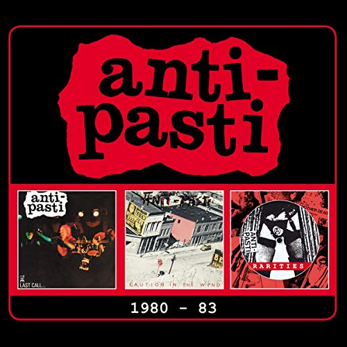 "Black and red album cover featuring three smaller album covers."