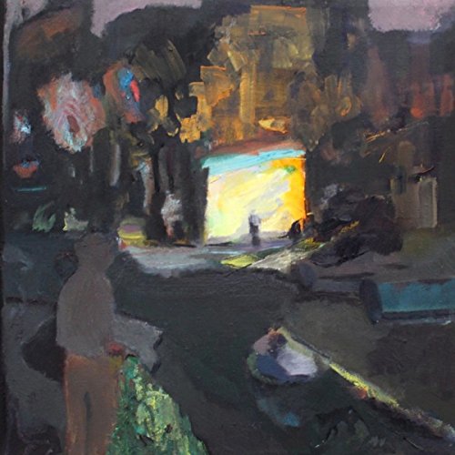 Abstract painting of a night scene with figures and glowing light.