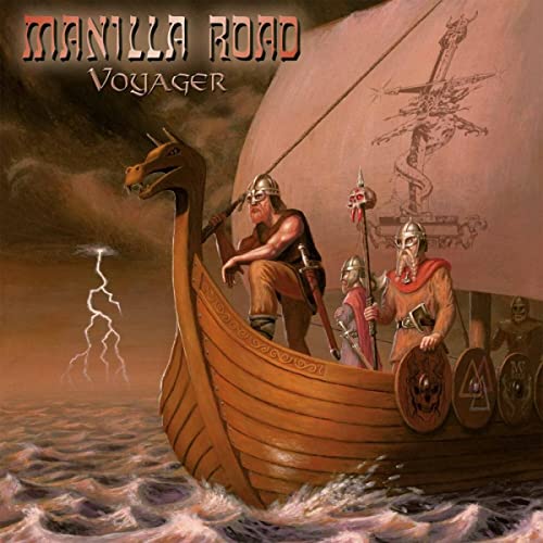 Viking longship with warriors, stormy sea, and fantastical creature illustration.