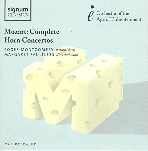 CD cover: Mozart horn concertos, featuring cheese and musical notation.