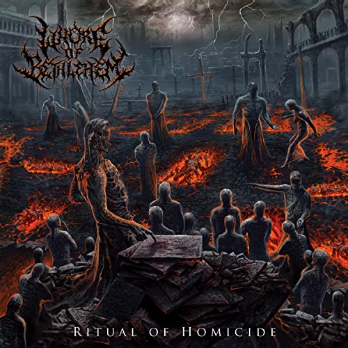 Dark album cover depicting figures in a fiery, ruined landscape.