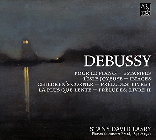 CD cover with dark, abstract landscape and white text, featuring Debussy and Stany David Lasry.