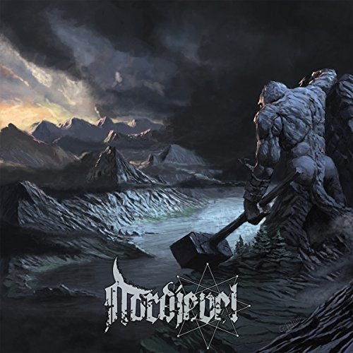 "Album cover art: gothic text 'Nordjevel' with pentagram, dark mountains, and rocky figure."