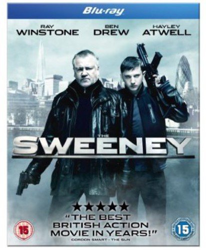 "Blu-ray cover of 'The Sweeney' featuring two men holding guns, cityscape background."