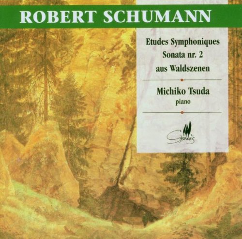 "CD cover with forest landscape and green banner featuring Robert Schumann's name."