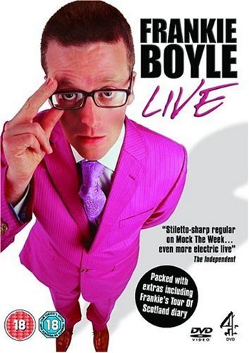 Frankie Boyle DVD cover featuring comedian in a pink suit, pointing.