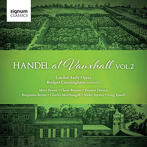 CD cover for "Handel at Vauxhall, Vol.2" with garden illustration.