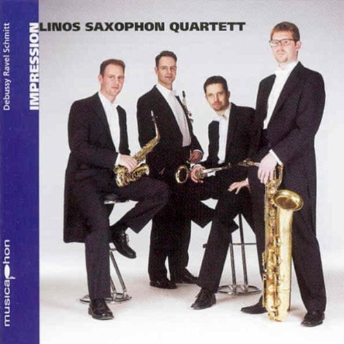 "CD cover featuring four men in suits holding saxophones, with blue border."