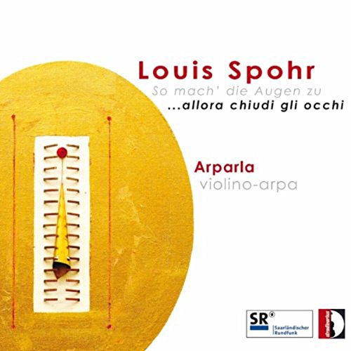 CD cover with abstract yellow background and violin-harp illustration.