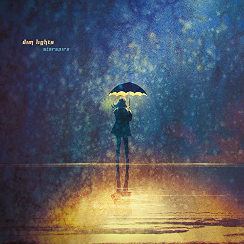 Person with umbrella standing in water, reflecting in a dark, textured scene.