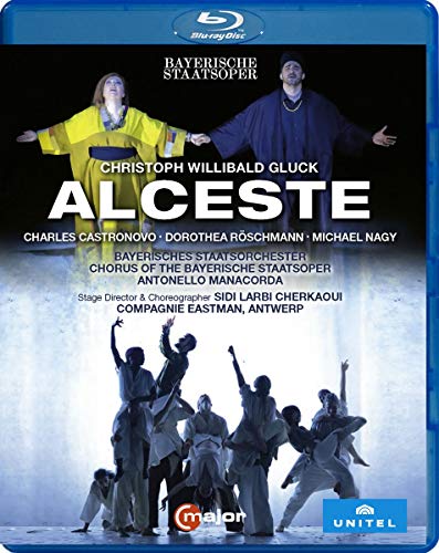 Blu-ray cover for Gluck’s Alceste featuring two opera singers above a group of dancers.