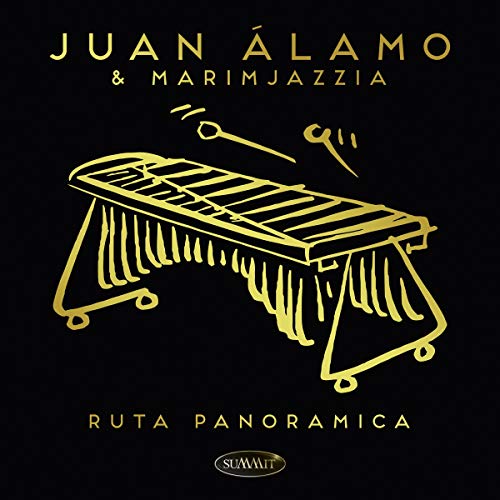 Black album cover with gold line art of a marimba and text.