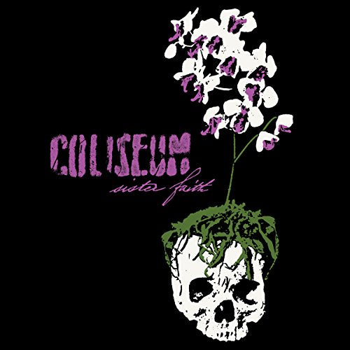 White skull with flowers growing out of it, against a black background.