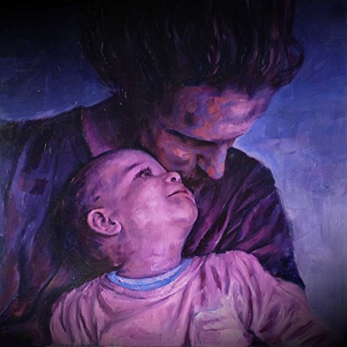Painted portrait of a person holding a baby, looking upwards.