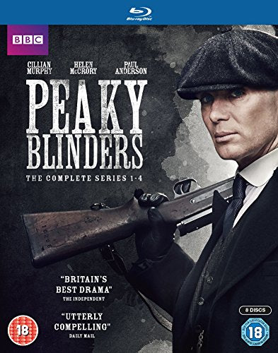 "Blu-ray cover featuring a man in a cap holding a gun, with 'Peaky Blinders' text."