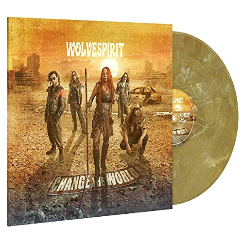 Wolvespirit album cover with a band and cream-marbled vinyl record.