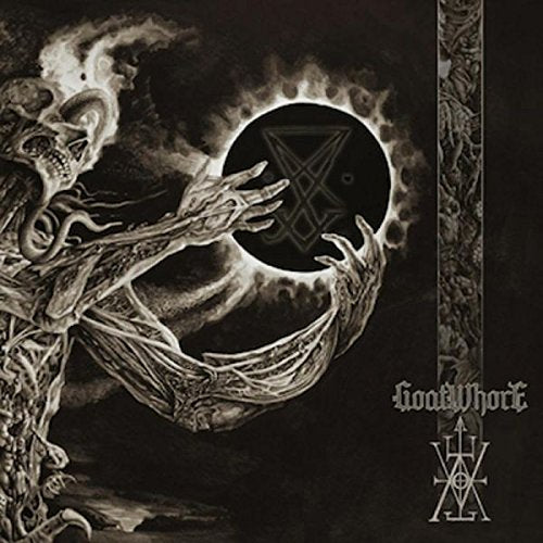 "Album cover art featuring a grotesque, skeletal figure holding a glowing black pentagram."