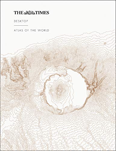 "Book cover with topographic map design, featuring 'The Times Desktop Atlas of the World' title."