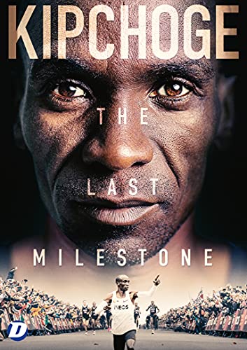 Close-up portrait of Eliud Kipchoge overlaid on a scene of him running in race.