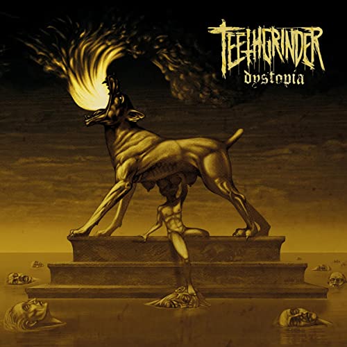 Album cover: a dog with a flaming head and human figures below.