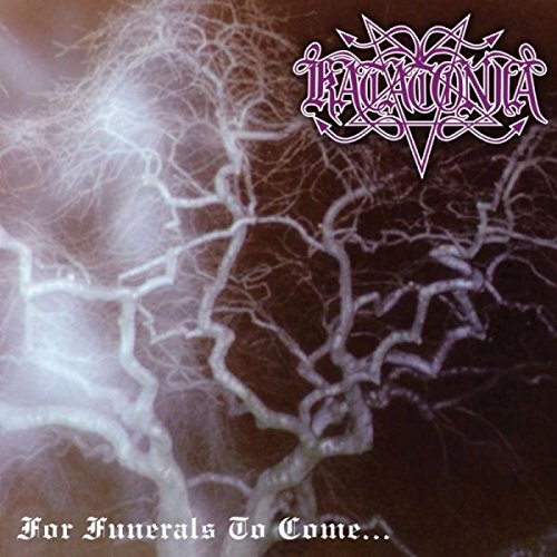 "Katatonia's 'For Funerals to Come' vinyl album cover featuring a dark background with white lightning."